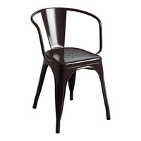 Glossy dark brown metal chair with a classic design and perforated seat, perfect for stylish dining or outdoor use.