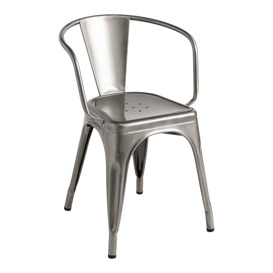 Silver metal dining chair with a sleek, modern design and perforated seat pattern. Ideal for contemporary spaces.
