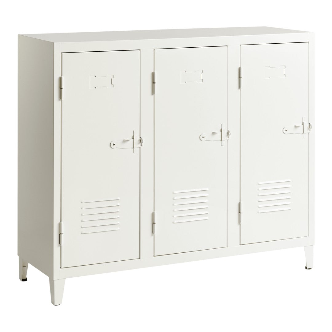 White metal locker cabinet with a sleek, minimalist design and subtle vent patterns on the doors.