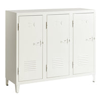 White metal locker cabinet with a sleek, minimalist design and subtle vent patterns on the doors.