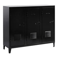 Black metal locker cabinet with three doors and horizontal slats, featuring a sleek, modern design.