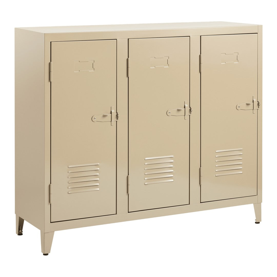 Beige metal locker with three doors and slotted ventilation patterns, featuring a sleek, minimalist design.