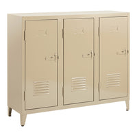 Beige metal locker with three doors and slotted ventilation patterns, featuring a sleek, minimalist design.
