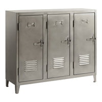 Industrial-style grey metal locker cabinet with three compartments and vented doors. Sleek and modern design.
