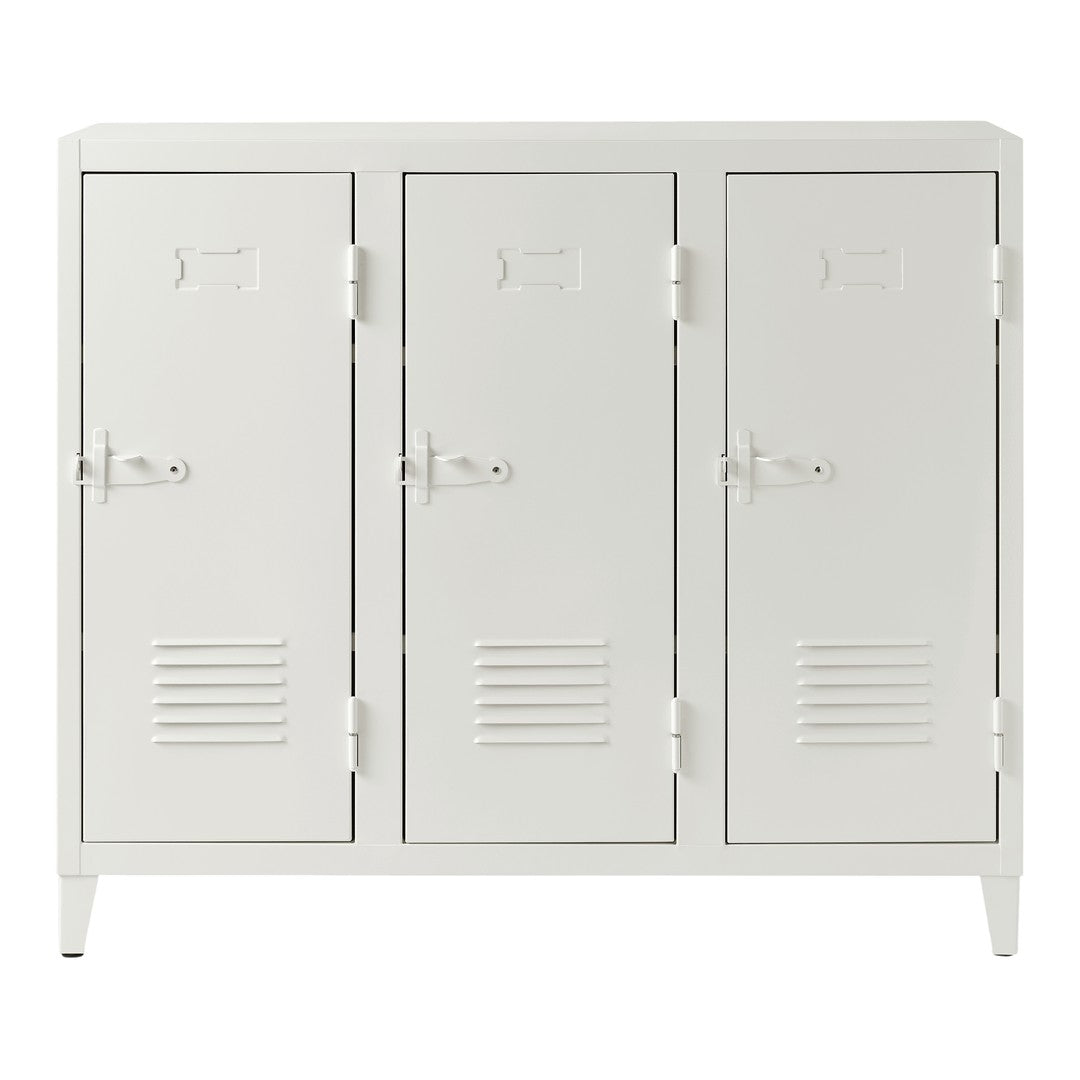 Three-door metal locker in sleek white finish with horizontal slits, adding a modern touch to any space.
