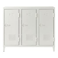 Three-door metal locker in sleek white finish with horizontal slits, adding a modern touch to any space.