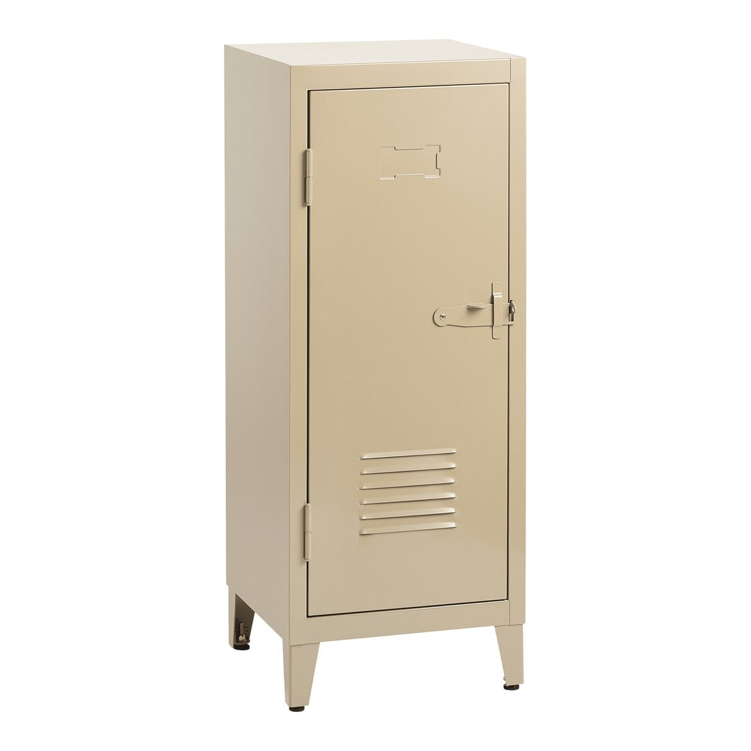 Beige metal locker with a smooth finish and vertical slats, perfect for storage solutions.