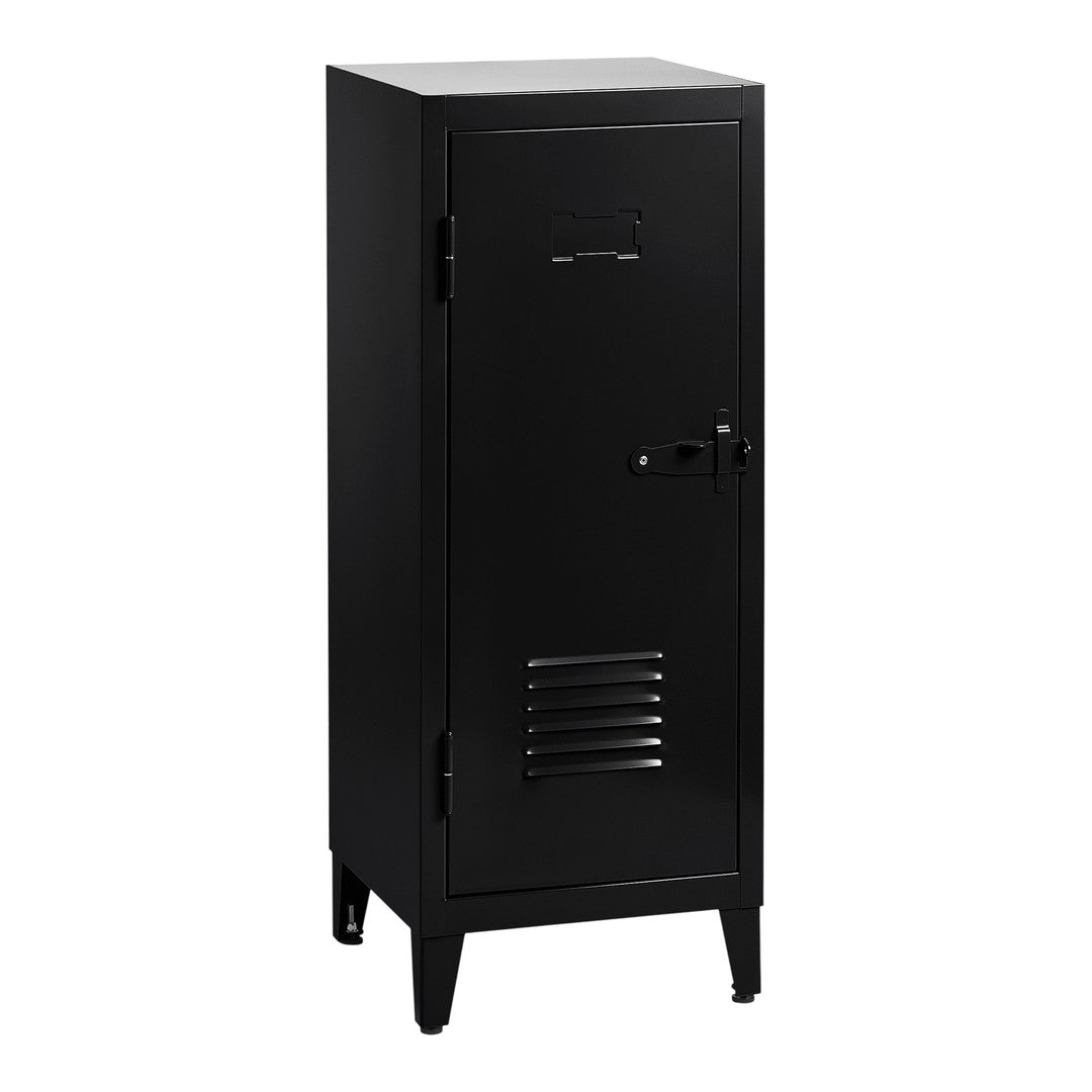 Black metal locker with a sleek finish and a minimalist design, featuring horizontal vent lines and a single door.