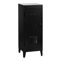 Black metal locker with a sleek finish and a minimalist design, featuring horizontal vent lines and a single door.
