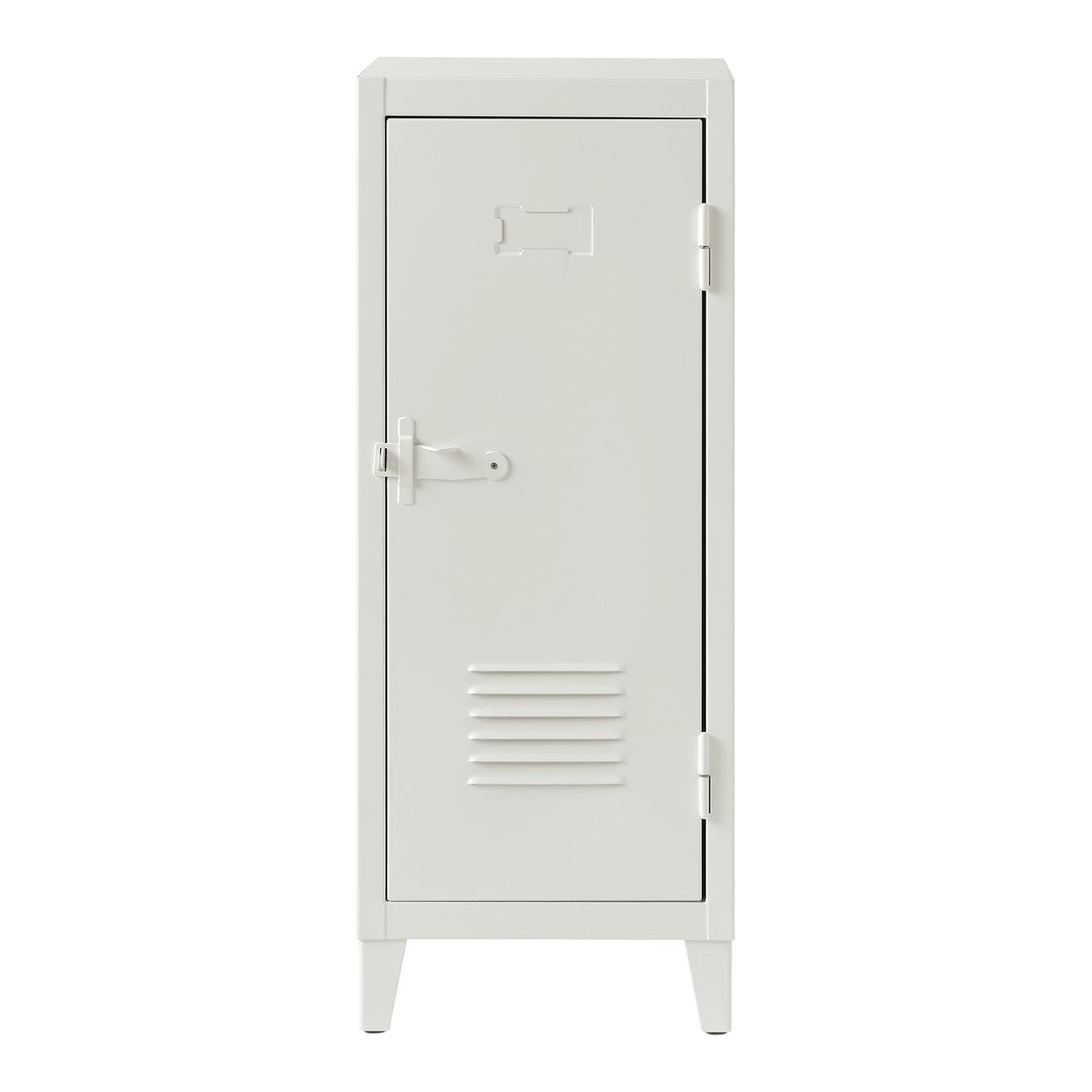 White metal locker with a sleek, minimalist design and horizontal slats, perfect for any modern storage space.