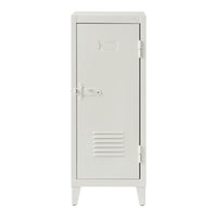 White metal locker with a sleek, minimalist design and horizontal slats, perfect for any modern storage space.