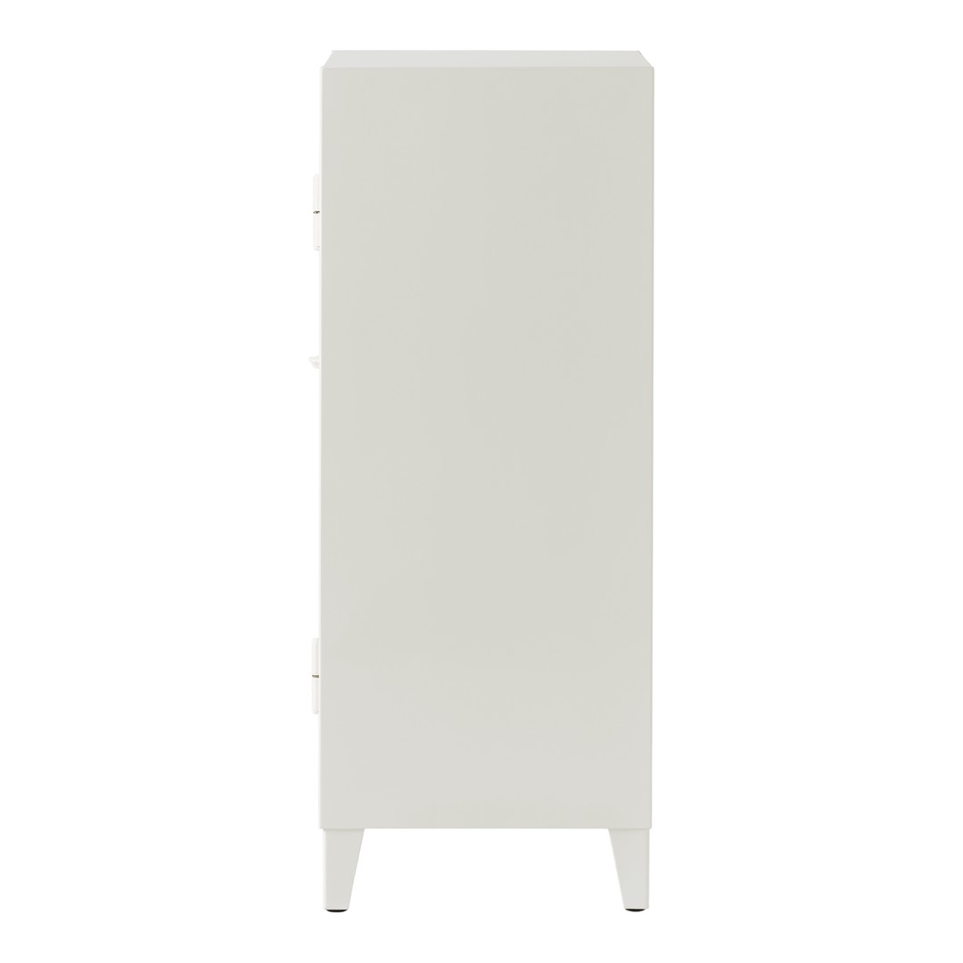 Sleek white storage cabinet with a smooth finish and minimalist design, perfect for any modern decor.