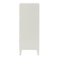 Sleek white storage cabinet with a smooth finish and minimalist design, perfect for any modern decor.