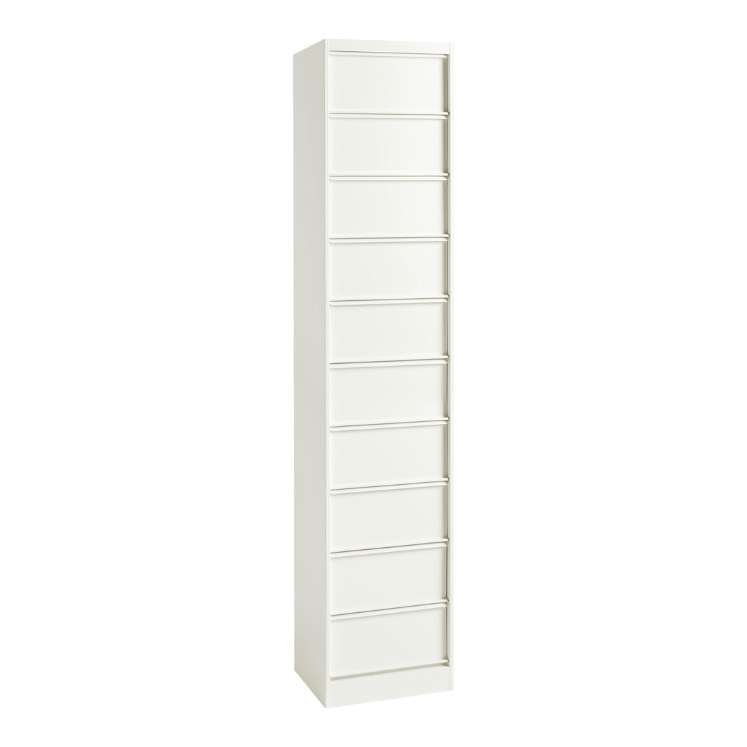 Tall white storage unit featuring a smooth, sleek finish with ten evenly spaced drawers. Perfect for organized storage.