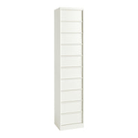 Tall white storage unit featuring a smooth, sleek finish with ten evenly spaced drawers. Perfect for organized storage.