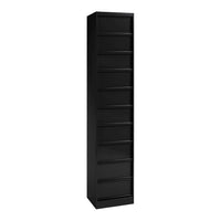 Sleek black tall storage cabinet with a smooth surface and minimalist design, featuring multiple horizontal drawer fronts.