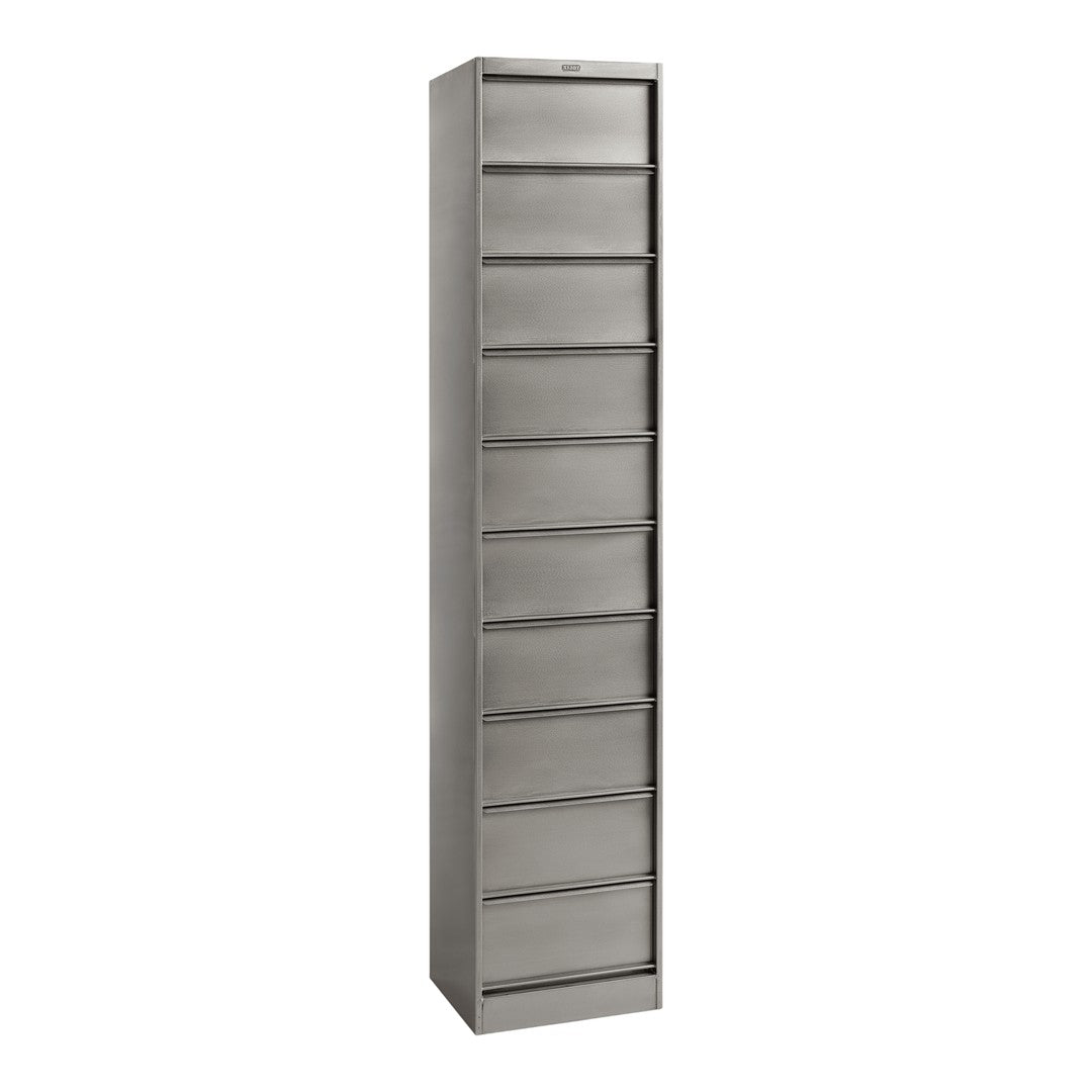 Tall, sleek metallic storage cabinet in a minimalist design with a smooth gray finish and eight horizontal drawer patterns.
