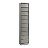 Tall, sleek metallic storage cabinet in a minimalist design with a smooth gray finish and eight horizontal drawer patterns.