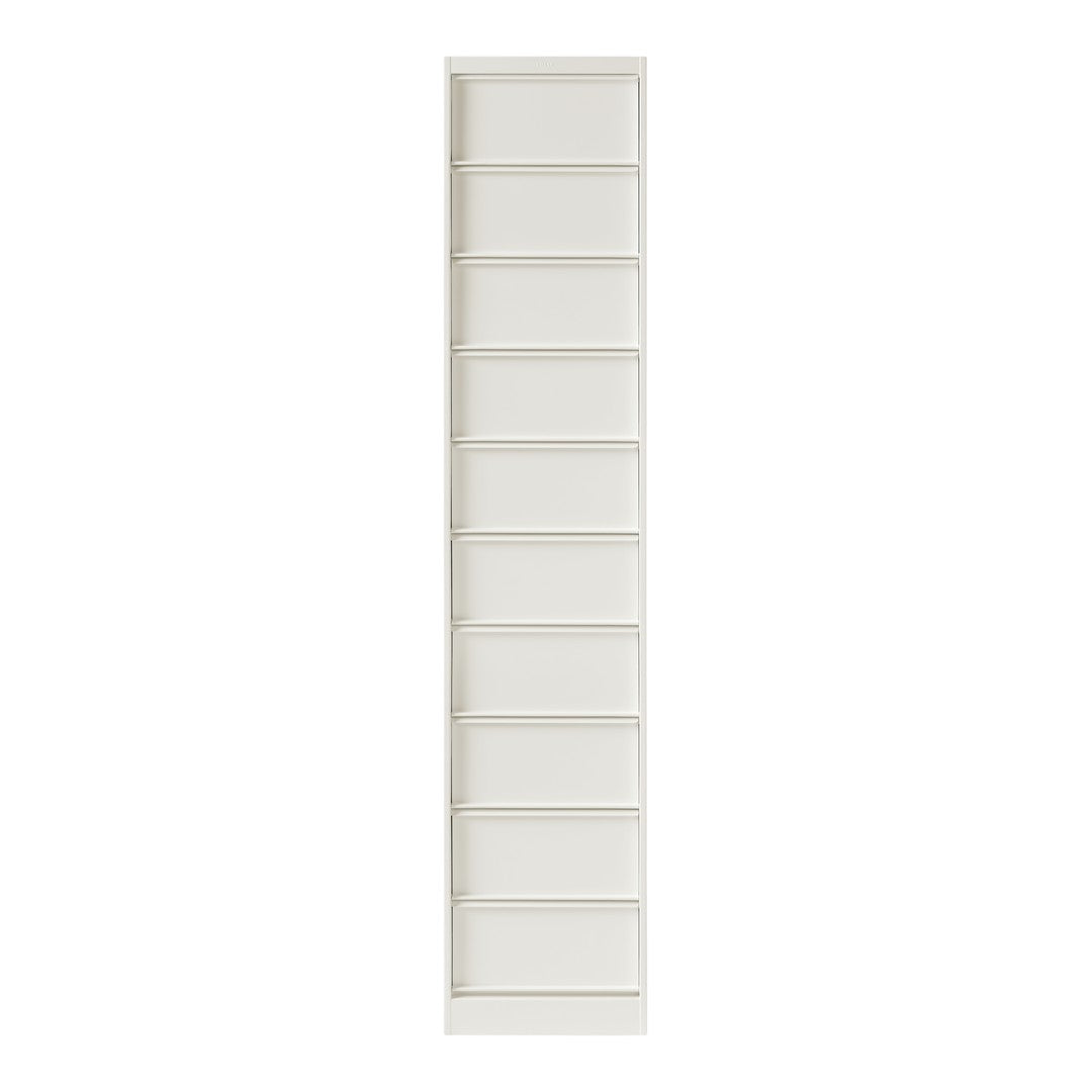 White vertical storage unit with a sleek, minimalist design and evenly spaced horizontal panels.