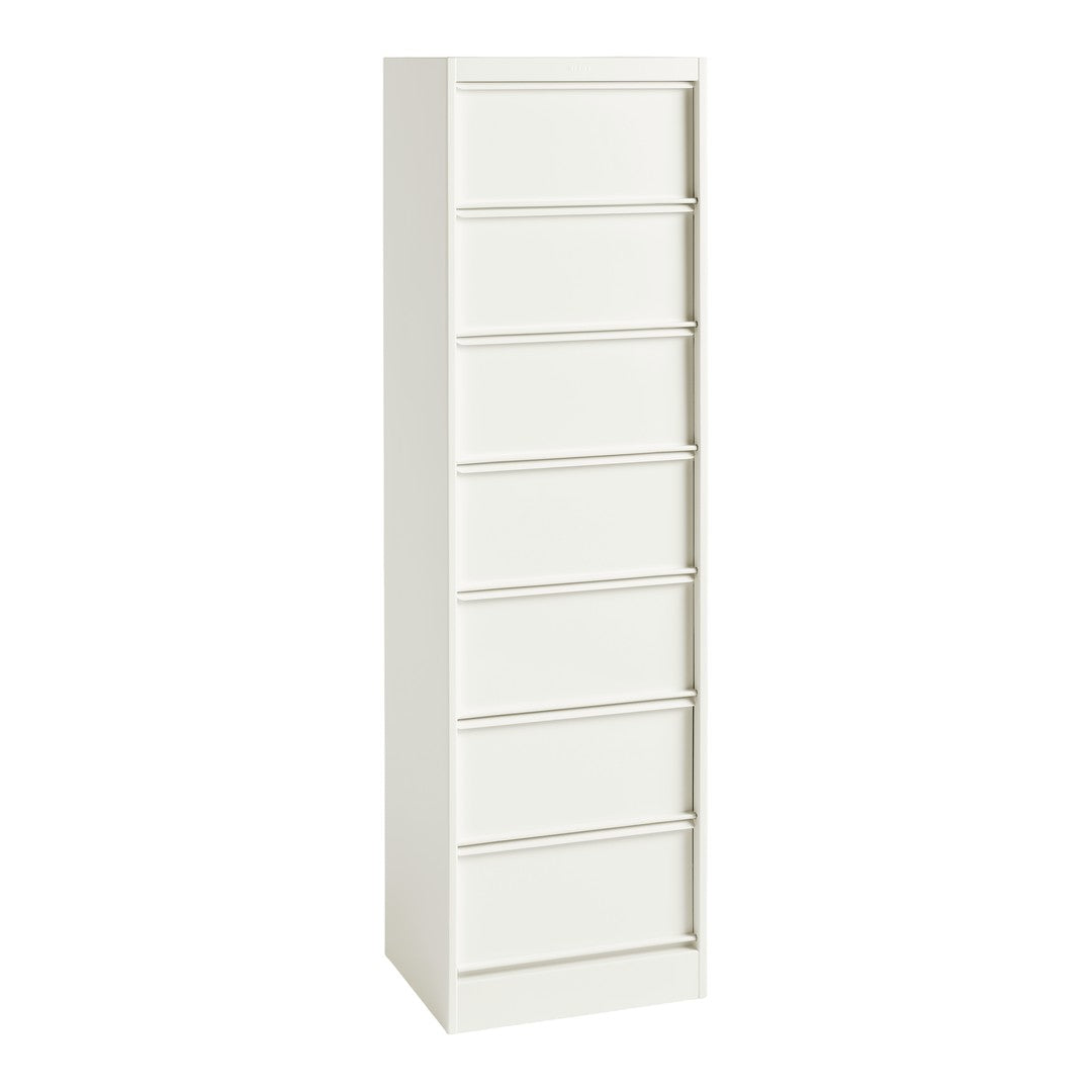 Tall, sleek cabinet in a minimalist white finish with smooth, flat drawer fronts. Ideal for modern spaces.