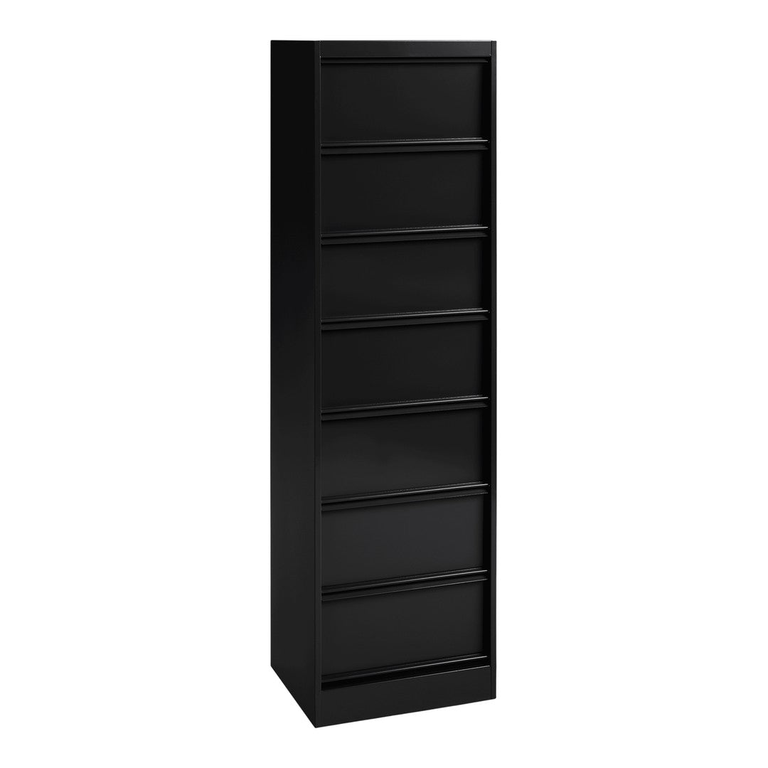 Sleek black vertical file cabinet with smooth matte finish and seven horizontal drawer fronts.