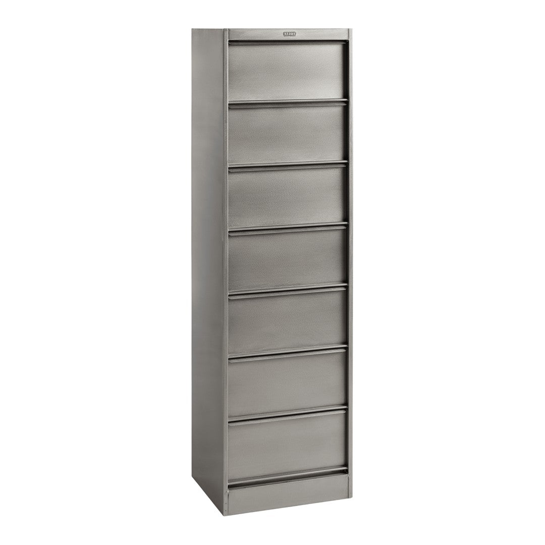 Sleek silver metal filing cabinet with a smooth finish and eight streamlined drawers for a modern look.