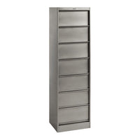 Sleek silver metal filing cabinet with a smooth finish and eight streamlined drawers for a modern look.
