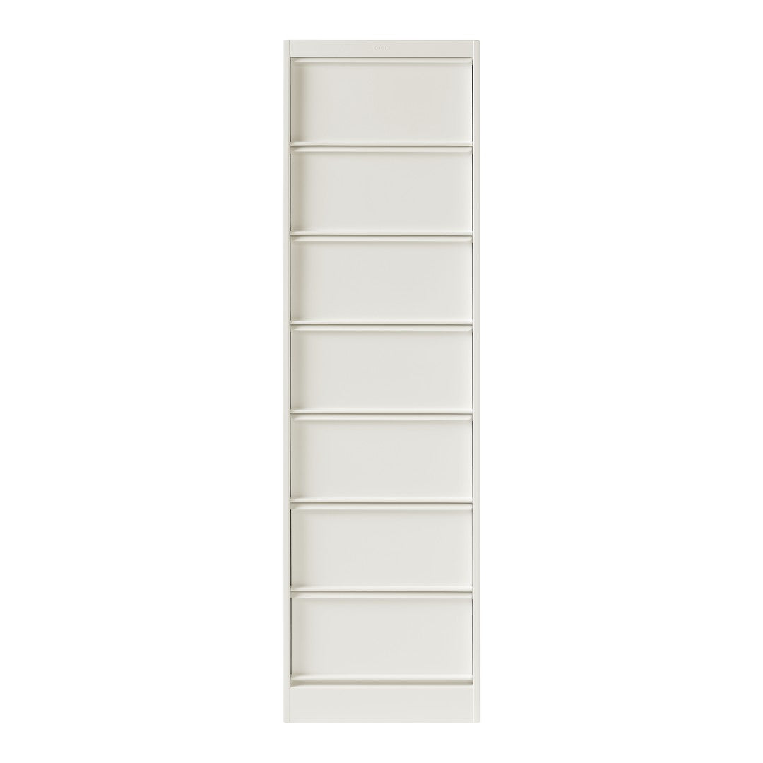 White storage cabinet with eight smooth, flat panel doors in a minimalist design. Ideal for modern spaces.