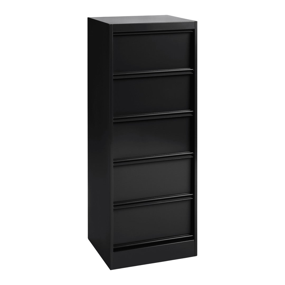 Sleek black tall dresser with five smooth, flat-front drawers for modern storage solutions.