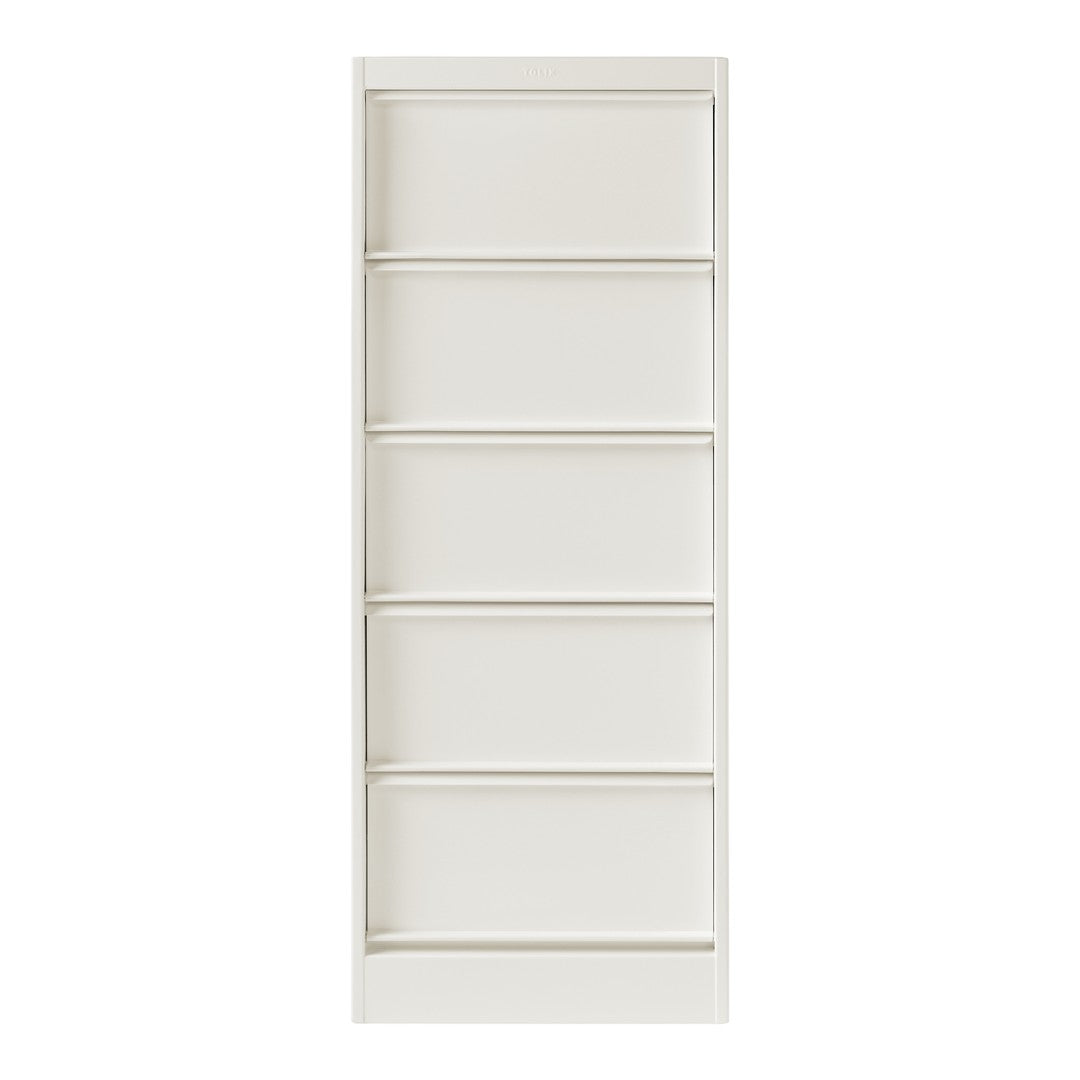 White, minimalist bookshelf with five open shelves and a smooth finish, perfect for modern decor.