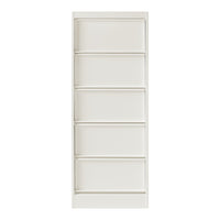 White, minimalist bookshelf with five open shelves and a smooth finish, perfect for modern decor.