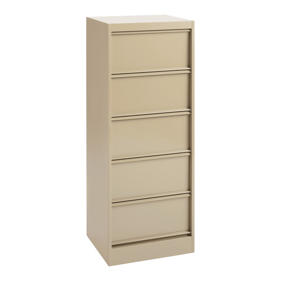 Beige filing cabinet with a sleek, minimalist design and five smooth, horizontal drawer fronts.