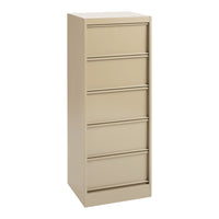 Beige filing cabinet with a sleek, minimalist design and five smooth, horizontal drawer fronts.