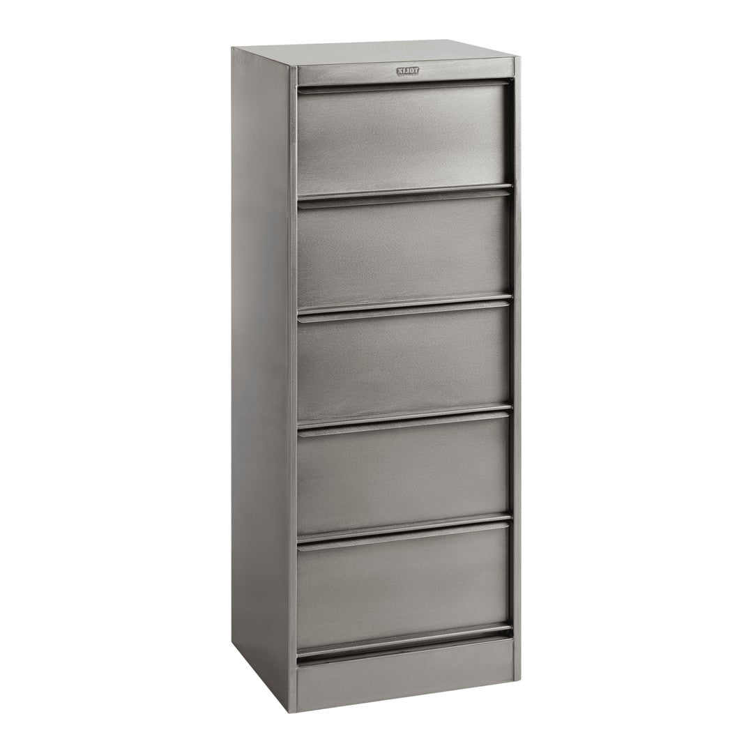 Sleek stainless steel file cabinet with a modern minimalist design and five smooth, flat drawer fronts.