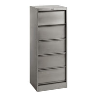 Sleek stainless steel file cabinet with a modern minimalist design and five smooth, flat drawer fronts.