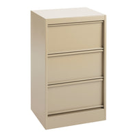 Beige filing cabinet with smooth, flat surfaces and sleek metal handles, featuring three spacious drawers.