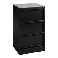 Black three-drawer cabinet with a sleek, minimalist design and smooth finish, perfect for modern storage solutions.