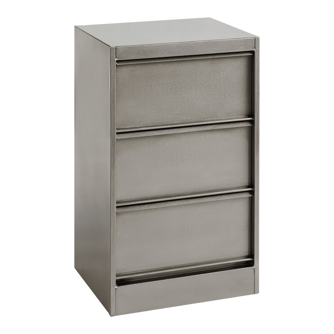 Sleek silver metal filing cabinet with three textured drawers, perfect for modern office decor.