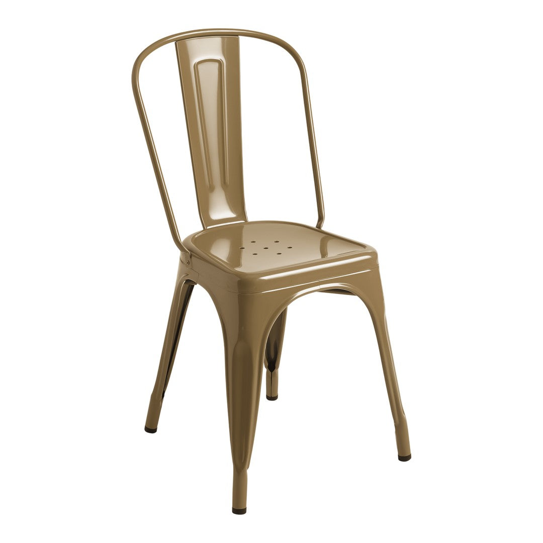 Tan metal chair with a sleek industrial design and perforated seat. Perfect for contemporary and vintage decor.