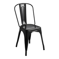 Black metal chair with a sleek, minimalist design and smooth finish, featuring perforated seat for ventilation.