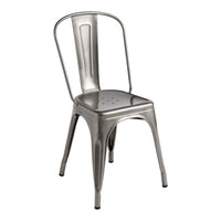 Silver metal chair with a sleek, minimalist design and perforated seat pattern. Ideal for modern decor.