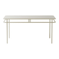 Minimalist white table with smooth surface and slender, light-colored metal legs. Modern design with clean lines.