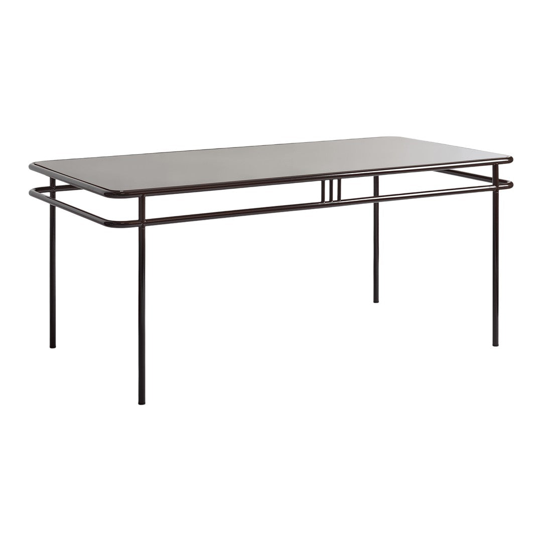 Rectangular table with a sleek dark brown surface and minimalist metal frame, featuring simple lines and a modern design.