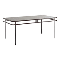 Rectangular table with a sleek dark brown surface and minimalist metal frame, featuring simple lines and a modern design.