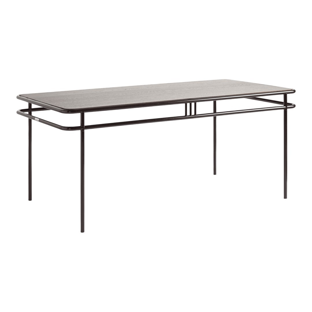 Modern rectangular table with a sleek gray surface and black metal legs, featuring a minimalist design.