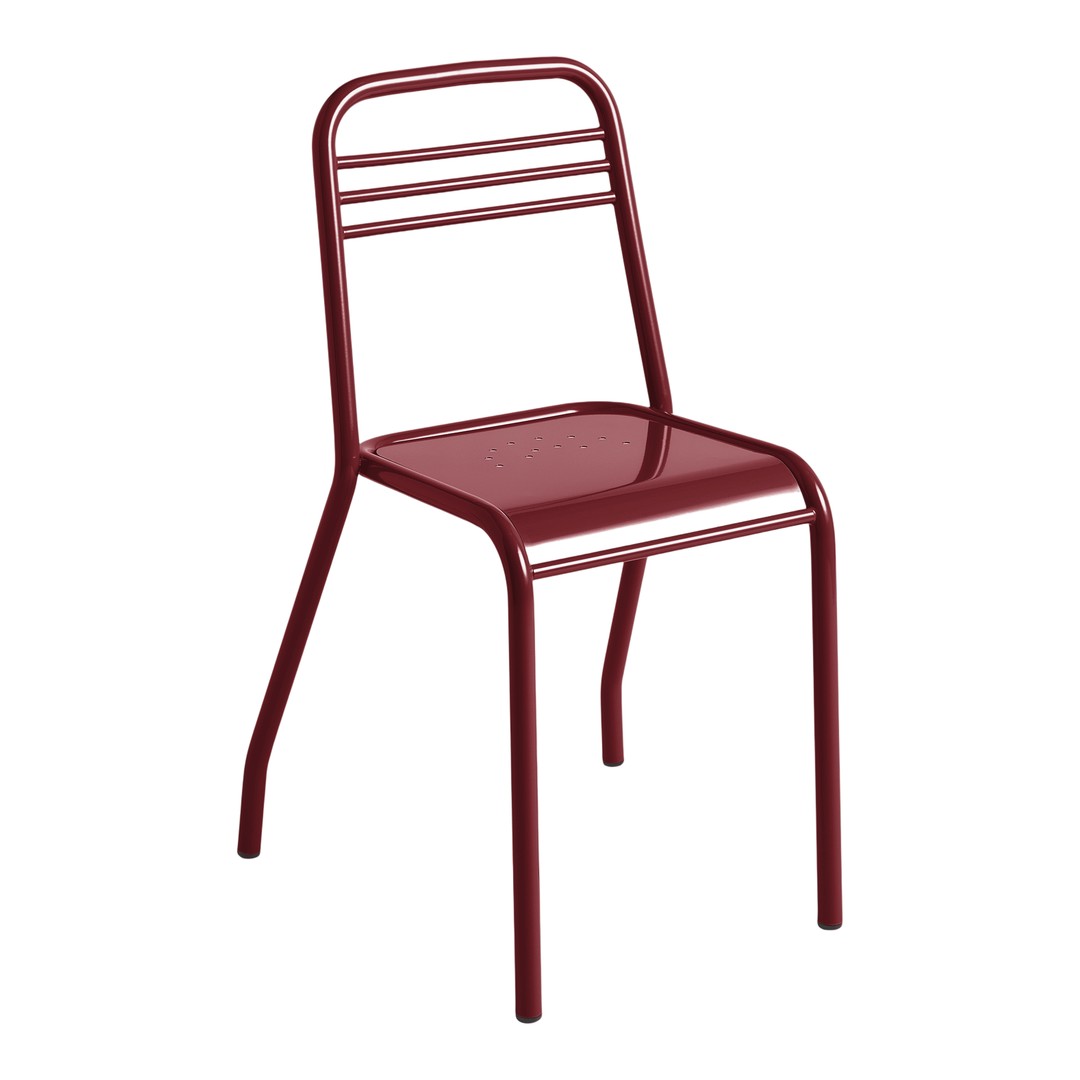 Red metal chair with a sleek design and horizontal striped backrest. Ideal for modern decor.
