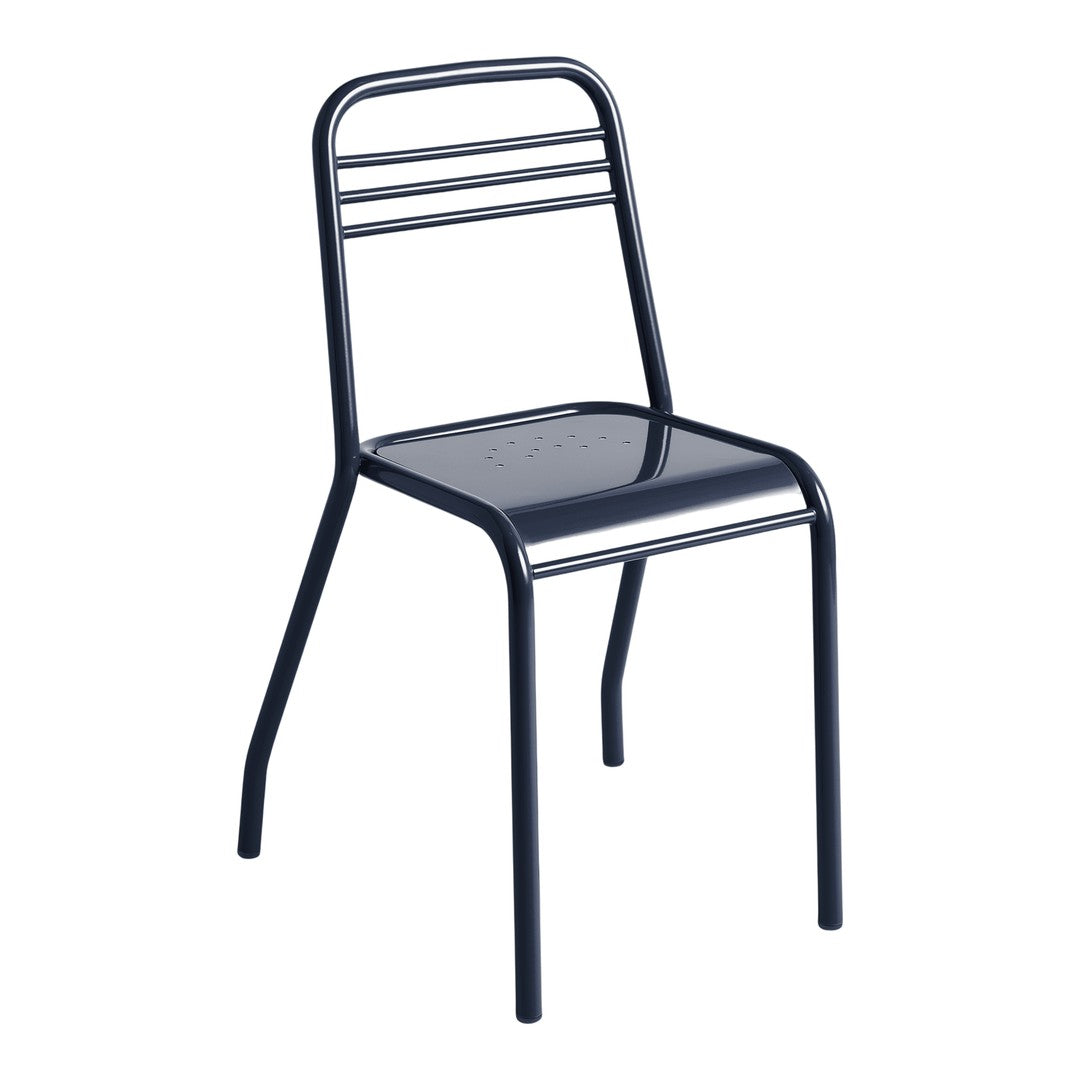 Black metal chair with sleek lines and a minimalist design, featuring three horizontal stripes on the backrest.