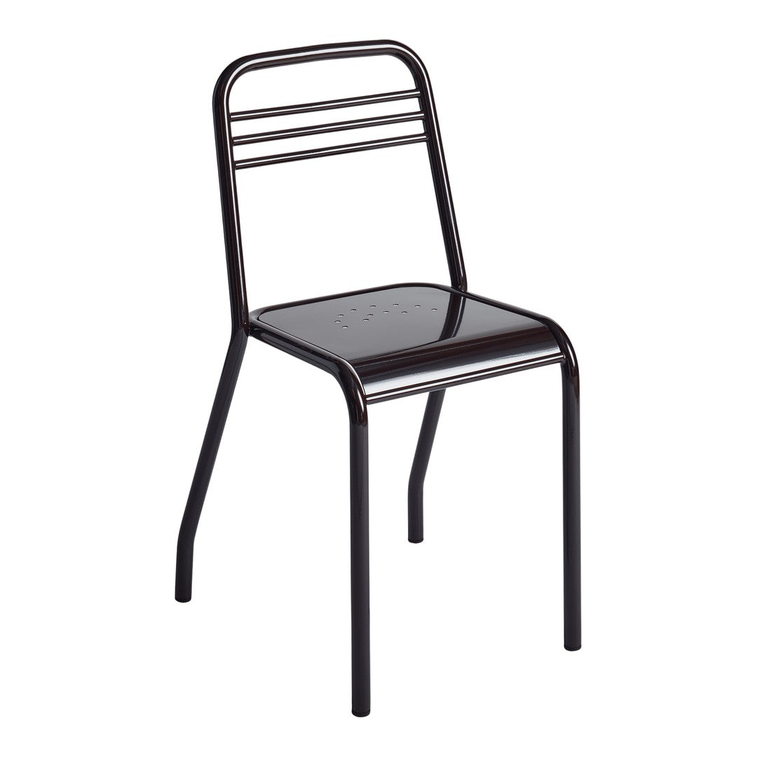 Black metal chair with sleek lines and a minimalist design. Features a shiny, smooth seat and three horizontal back stripes.