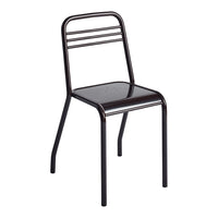 Black metal chair with sleek lines and a minimalist design. Features a shiny, smooth seat and three horizontal back stripes.