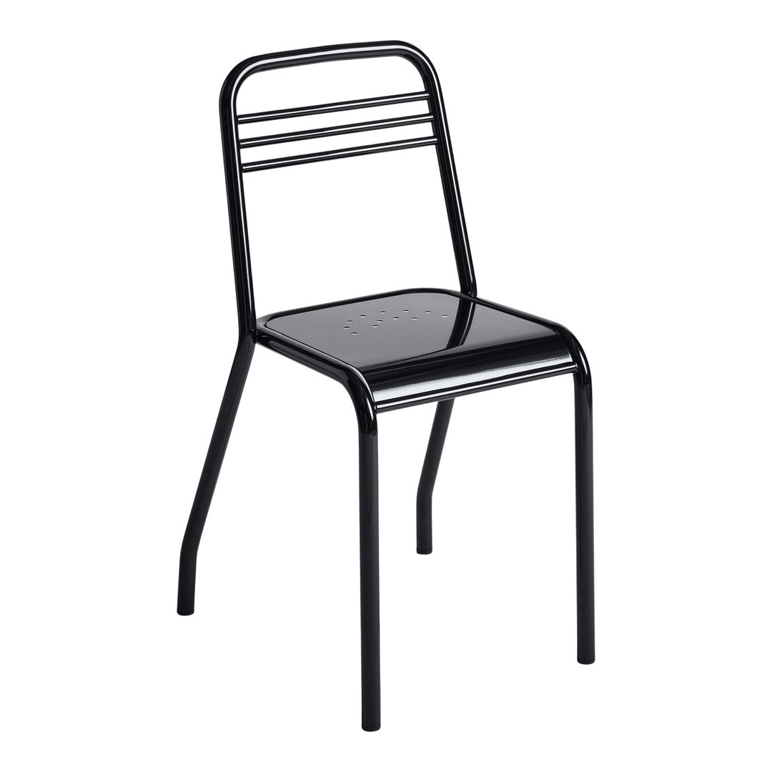 Black metal chair with sleek design, featuring three horizontal stripes on the backrest and a solid black seat.